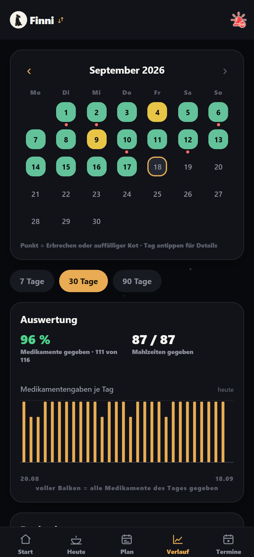 Der Verlauf mit Auswertung